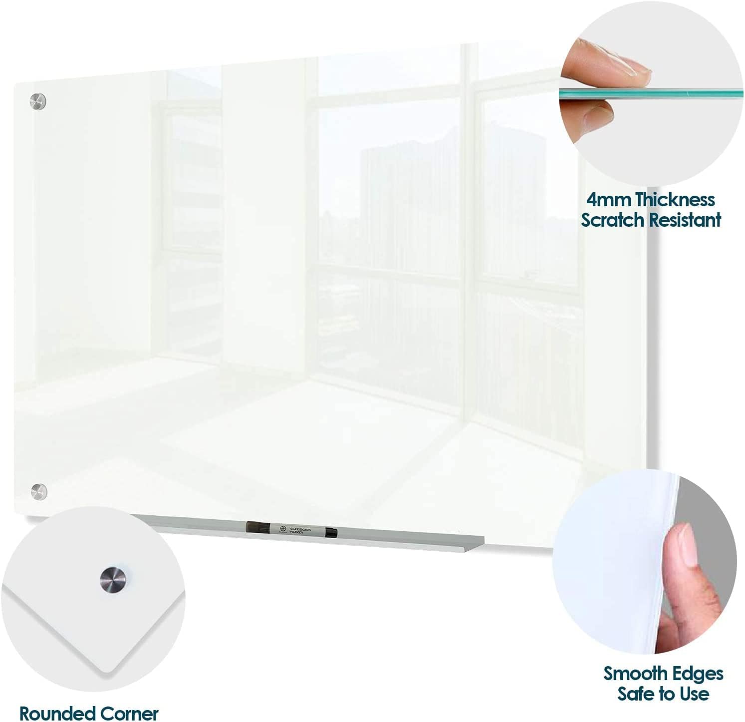 J&J worldwide Glass Dry Erase Board 23 x 35, Whiteboard Magnetic, Large Frameless White Boards for Walls, Includes Magnets, Marker Tray, Eraser for Office, Home, School