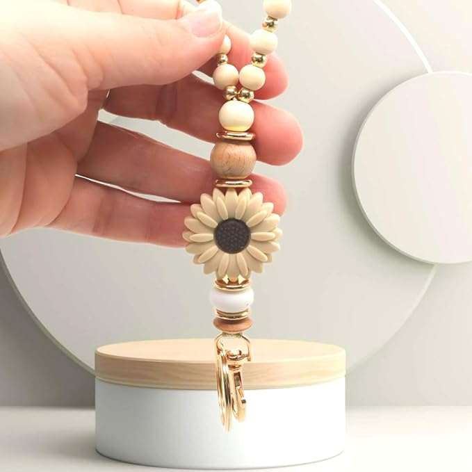 Wooden Teacher Lanyards for Id Badge Cute Flower Wood and Gold Beaded Lanyards for Women for Nurse Badge