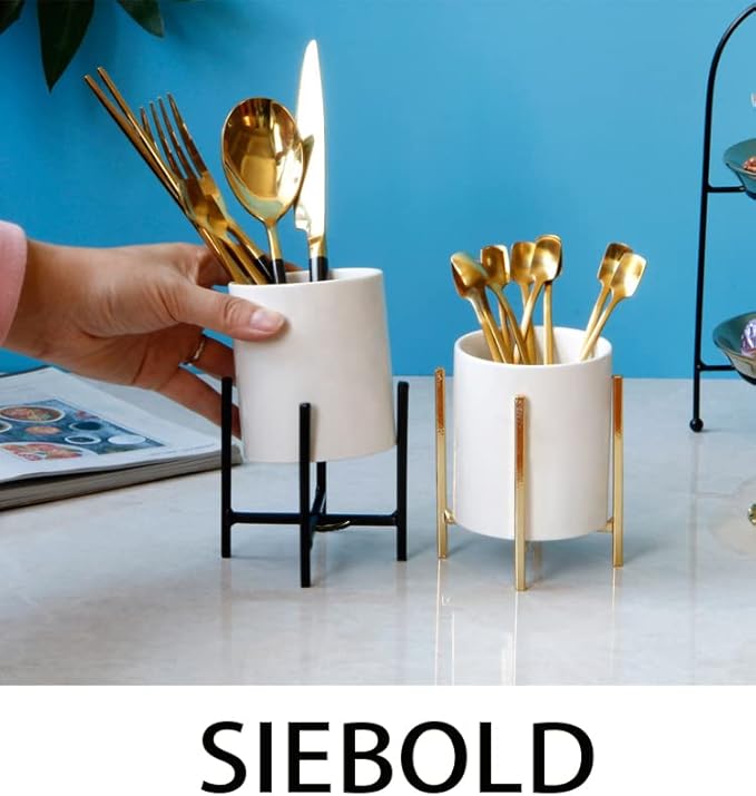 Black Pencil Cup Sturdy Metal Frame with White Ceramic Pen Holder For Desks and Kitchen Appliance holders