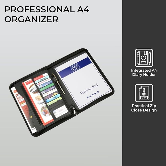 H&S A4 Portfolio Folder with Ring Binder Mechanism - Leather Conference Padfolio with Legal Writing Pad - A4 Document Folder with 11 Business Card Slots for Men