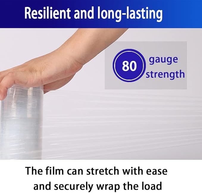 4 Pack Industrial Clear Stretch Wrap Film, 80 Gauge Thick, 3" x 1000ft Plastic Pallet Film, Industrial Strength Stretch up to 500% Stretch for Moving, Furniture, Wrapping, Shippin,Packing Materials