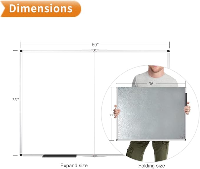 VIZ-PRO Large Dry Erase White Board/Magnetic Foldable Whiteboard, 60 X 36 Inches, Silver Aluminium Frame