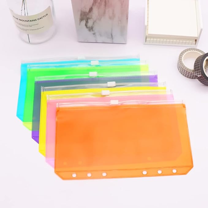 Colorful PVC Binder Pockets 12pcs A6 Binders Zipper Pouch Bag Loose Leaf 6 Holes PVC Zip Organizer Folder for Journal Budget Filing Pocket Bags