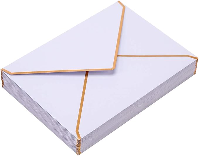 50 Pack White A4 Envelopes 4x6 Self-Adhesive V Flap Envelopes with Gold Border for Office, Greeting Card, Wedding, Graduation, Baby Shower, Parties, Invitations (4.25x6.25 inches)