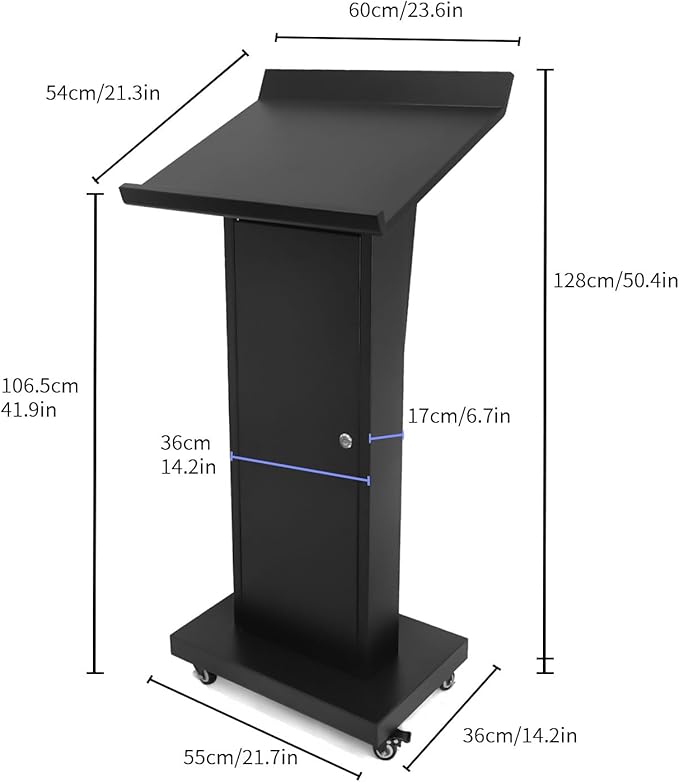 Podium Stand with 4 Locking Wheels, Lecterns & Podiums for Church School Office Conference Home, Heavy Duty Metal, Large Storage Area, Slant Desktop, 50.4" H