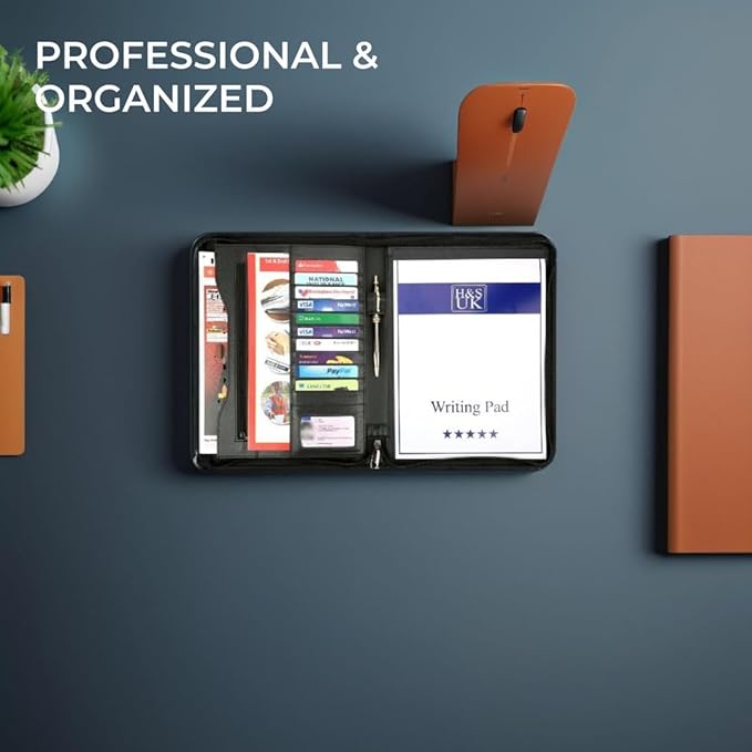 H&S A4 Portfolio Folder with Ring Binder Mechanism - Leather Conference Padfolio with Legal Writing Pad - A4 Document Folder with 11 Business Card Slots for Men