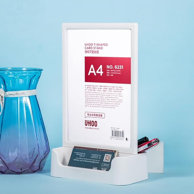 ABS Plastic Sign Holder, Menu Displays T Shape Sign Stand with Business Card Holder, Plastic Display Stand for Ads, Menu, Photos, Business Card (White A4 210×297mm/8.27×11.69 inches)