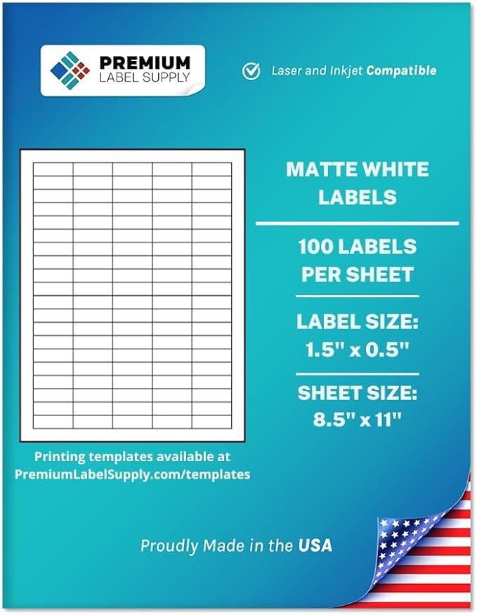 Premium Label Supply White Sticker Barcode Labels – 1.5" x 0.5" – Laser/Inkjet Compatible – (100 per Sheet), 100 Sheets – 10,000 Total Adhesive Labels