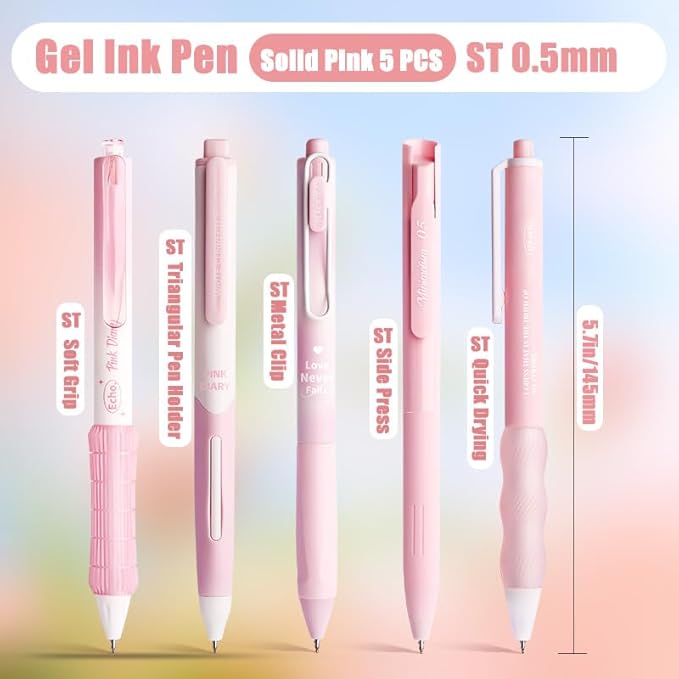 5 Count Pastel Gel Ink Pen Set,Cute Note Taking 0.5mm Fine Point Retractable 5 Count Black Ink Pens for Writing, Journaling, School, Office (Light Pink)