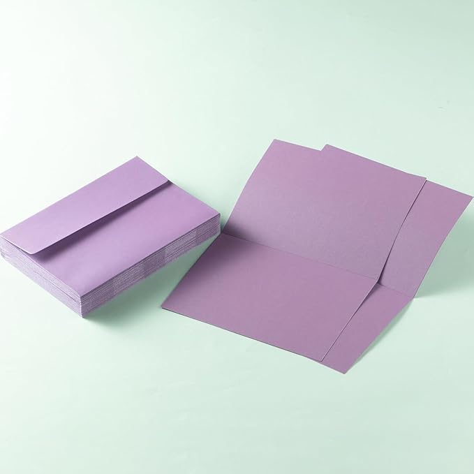 Wishop 50 Pack Shiny Self-Adhesive Envelopes with Shiny Fold Cards for Wedding Invitations, Greeting Cards, Baby Shower, Letter Mailing (Light Purple, 5x7)