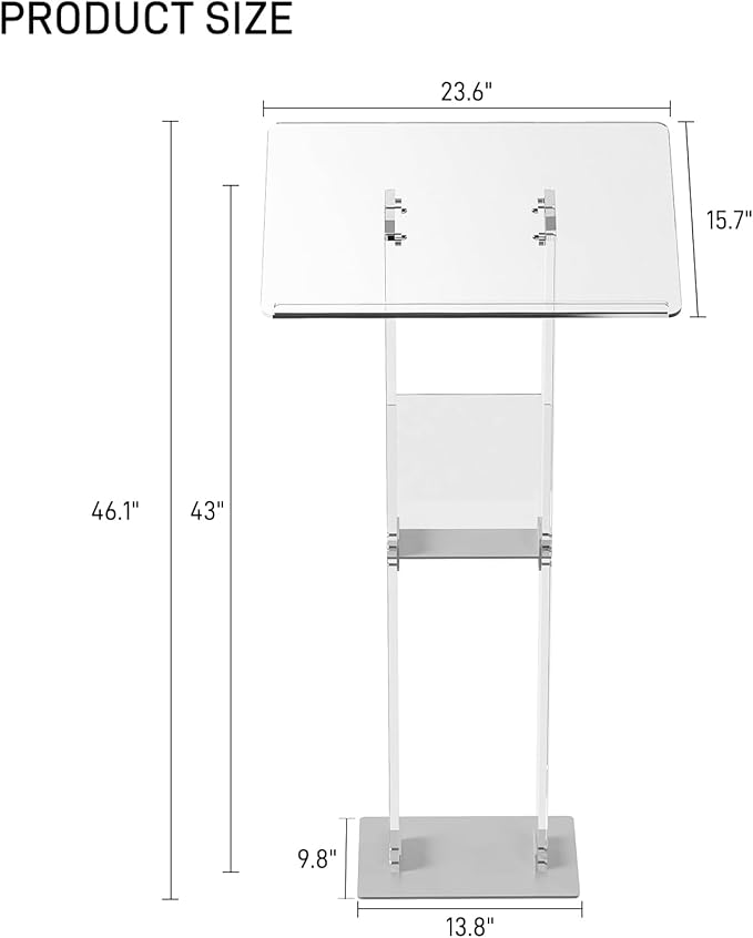 HMYHUM Acrylic Podium Stand, Clear Lecterns & Pulpits for Classroom, Weddings, Churches, Speech, with Storage Shelf, Metal Base, 23.6" L x 15.7" W x 46.1" H, Modern