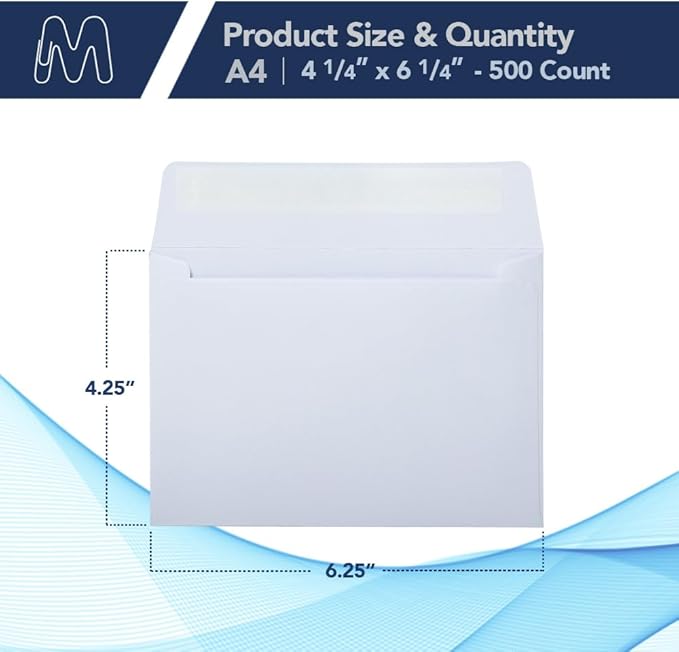 MOS A4 Invitation Envelopes – 4-1/4" x 6-1/4" White Mailing Envelopes Self Seal (500 Count) – 120GSM/ 32LB Bond Heavy Duty – For Greeting Cards, Card Making, RSVP Cards, Wedding Invites