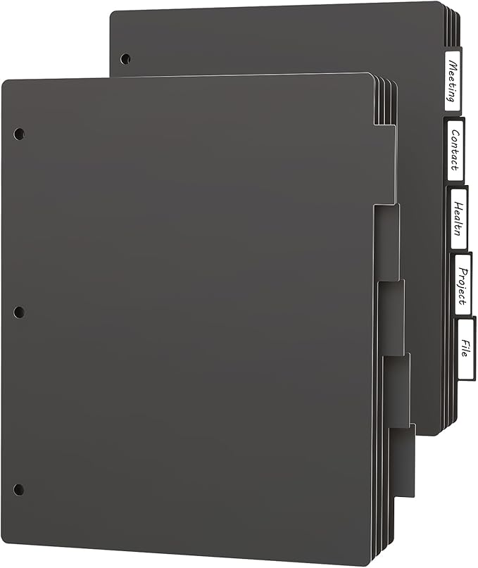 HABGP 3 Ring Binder Dividers with 5-Tabs, 2 Pack 5 Binder Dividers, Letter Size Write & Erase Plastic Index Binder Black, 1/5 Cut, Sheet Protectors, 3 Hole Punch, Total 10 Dividers