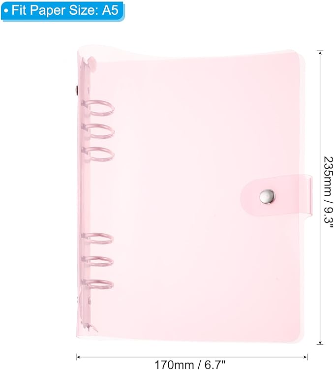PATIKIL A5 Clear Binder Cover, Soft PVC Loose Leaf Binder Protector Refillable Notebook Shell with Snap Button Closure for DIY Meeting Notebook Folder, Pink