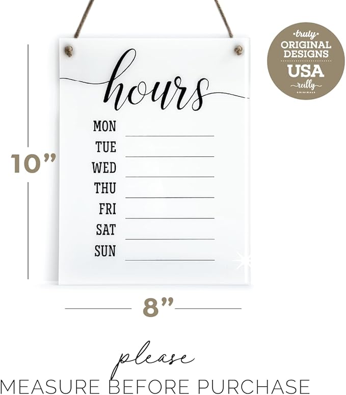 Reilly Originals Dry Erase Elegant Store Hours Sign with Rope ~ Marker NOT Included ~ 8x10 Inches