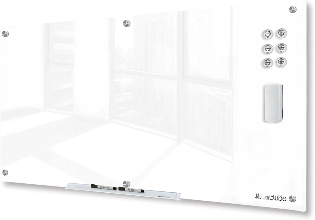 J&J worldwide Glass Whiteboard, Magnetic Brilliance White Glass Dry Erase Board 6' x 4', Includes Markers, Marker Tray, Eraser for Wall, Office, Home, School