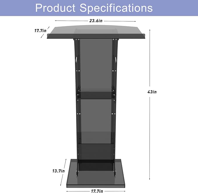 Acrylic Podium Stand with Storage Shelf,Segmented Black Lecterns & Podiums,Pulpits for Churches、Conference、Speeches、Weddings、Classroom、Concert,43" H Professional Presentation Podiums