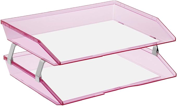 Acrimet 2 Tier Side Load Letter Tray Facility, Desktop File Organizer, A4 Letter Size Paper Organizer, Minimalist Storage Solution Paper Tray for Office, Home, Classroom (Plastic, Clear Pink Color)