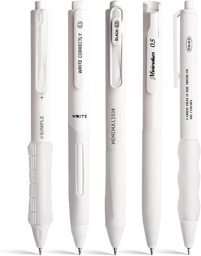 5 Count Pastel Gel Ink Pen Set,Cute Note Taking 0.5mm Fine Point Retractable 5 Count Black Ink Pens for Writing, Journaling, School, Office (White)