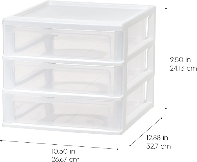 IRIS USA Plastic Stacking Desk Top 3-Drawer Storage Organizer, 1-Pack, for Makep Vanity Nail Polish Bathroom Stationery Art Craft Supplies Kitchen Office Garage and Small Organization, Medium, White