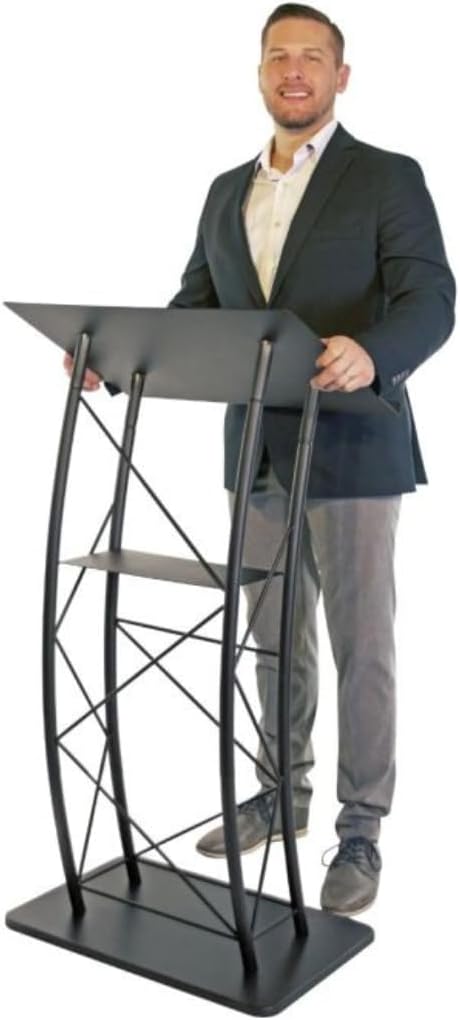 Kingdom KMLSTL Large Curved Metal Lectern with Durable Powder Coat Finish and a Built in Shelf - Black