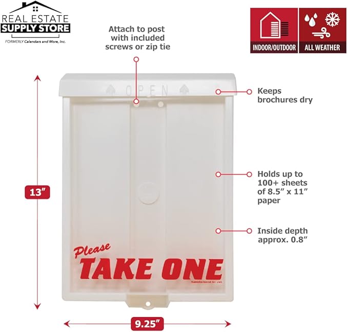 Outdoor Real Estate Brochure Box with Snap Shut Lid, Take One Document Holder Can Hold 100, 8.5 x 11 Documents, Flyers, Literature and Other Outdoor Marketing Needs