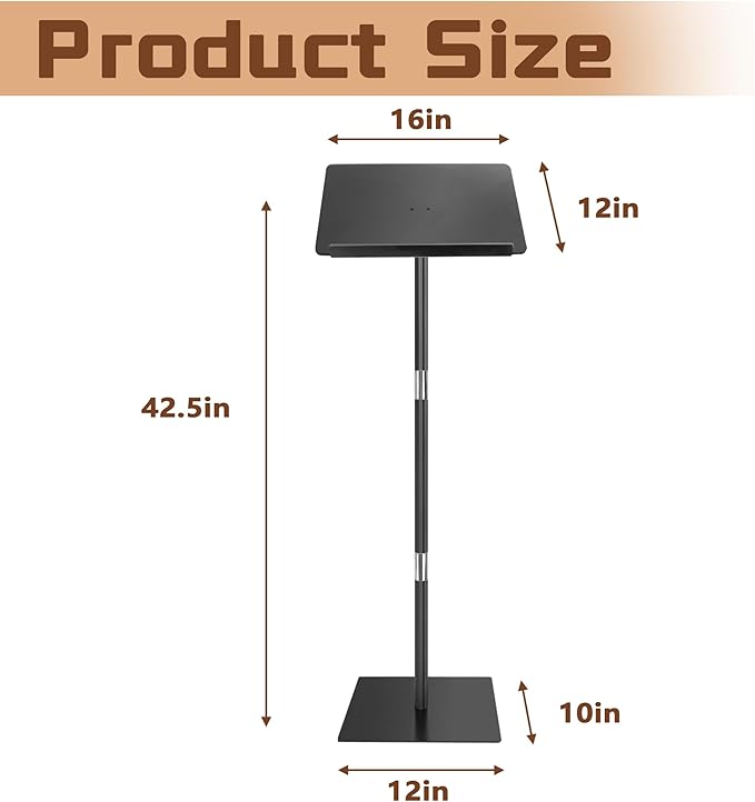 Podium Stand, Lecterns & Podiums, Portable Podium, Acrylic Adjustable Angles with Metal Base, Podium for Church, Weddings, Classroom, Speech, 16" L x 12" W x 42.5" H, Black
