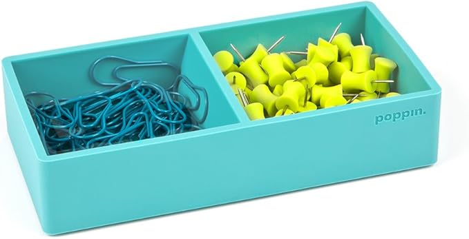 Poppin Stackable Letter and Accessory Trays for Office Organization - Modular Lacquer Desk Trays, Color-Coordinated Office Supplies for Desk, Paper Trays (Aqua, This & That Tray)