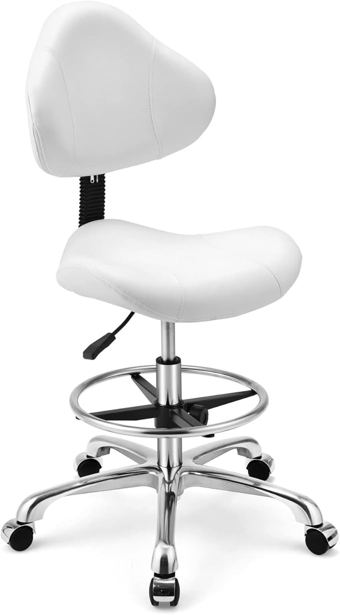 Kaleurrier Ergonomic Drafting Chair with Back Support,Multi-Functional Height Adjustable Swivel Rolling Stool,Multi-Purpose Home Office Desk Chair (White)