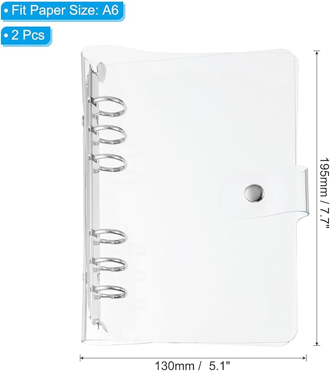 PATIKIL A6 Clear Binder Cover, 2Pcs Soft PVC Loose Leaf Binder Protector Refillable Notebook Shell with Snap Button Closure 6 Ring for DIY Meeting Notebook Folder, Silver Tone