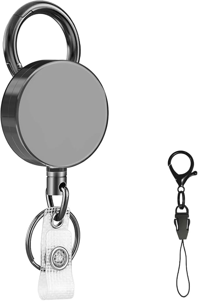 Heavy Duty Metal Retractable Badge Reels, ID Badge Holder with Belt Clip Key Ring, Retractable Metal Keychain Badge Holder, 1 Pack