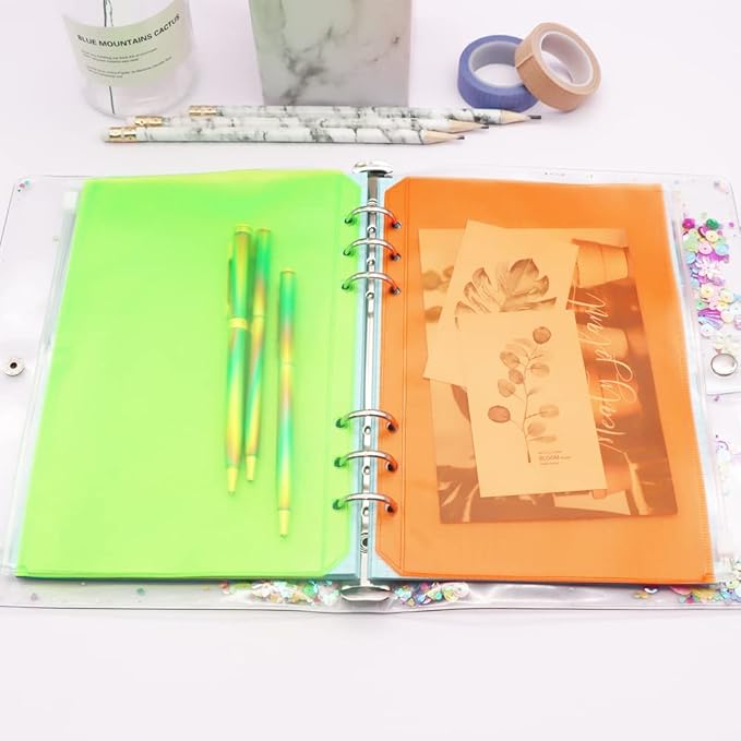 Colorful PVC Binder Pockets 12pcs A5 Binders Zipper Pouch Bag Loose Leaf 6 Holes PVC Zip Organizer Folder for Journal Budget Filing Pocket Bags