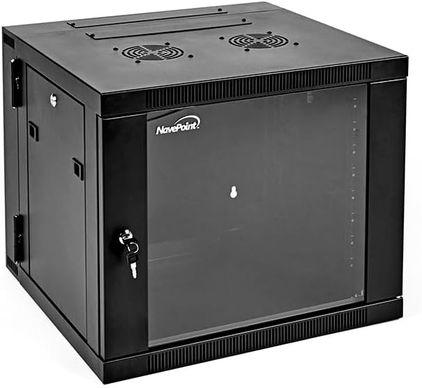 NavePoint 9U Server Cabinet with Hinged Back - 17.7” Deep, 9U Server Rack Enclosure with Locking Glass Door, Wall Mount Rack with Removable Side Panels, 9U Network Cabinet with 2 Fans, Pre-Assembled