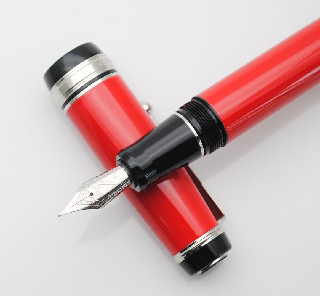 Metal Big Fountain Pen Set Medium Nib 0.7mm, Includes Ink Refill Converter, 5 Ink Cartridges & Gift Box (Medium Nib 0.7mm, Red with Silvery Clip)