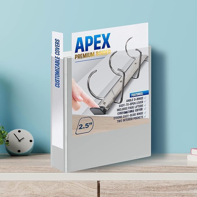 4 Pack of 2.5” Smooth Opening Angle D-Ring View White Binders, Professional Presentation Folder for Standard Pages with Inside Pockets, and Customizable Clear View Binder PVC-Free