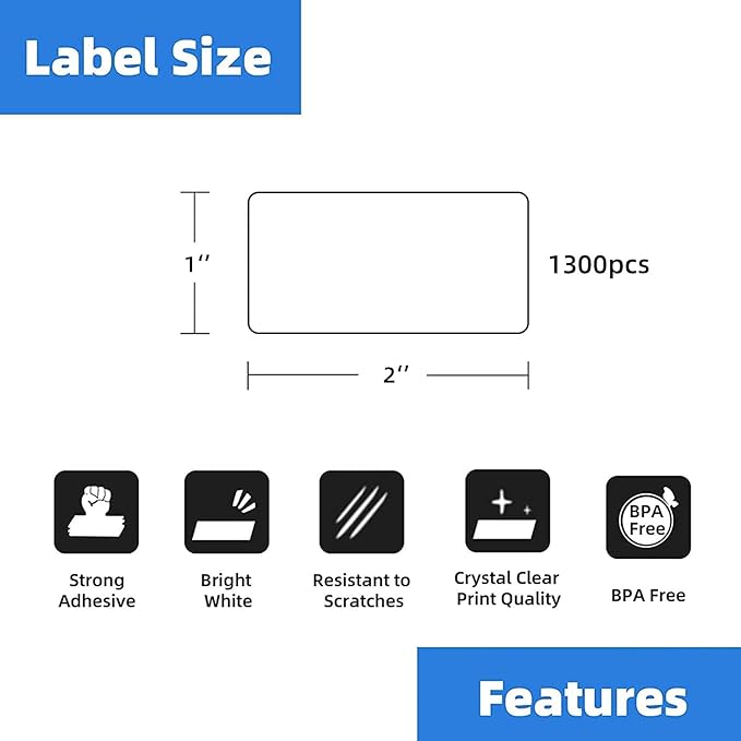 24 Rolls 2" x 1" Direct Thermal Labels for Barcodes Postage Address Shipping Labels Compatible with Rollo & Zebra Desktop Printers Adhesive - 1300 Labels/Roll