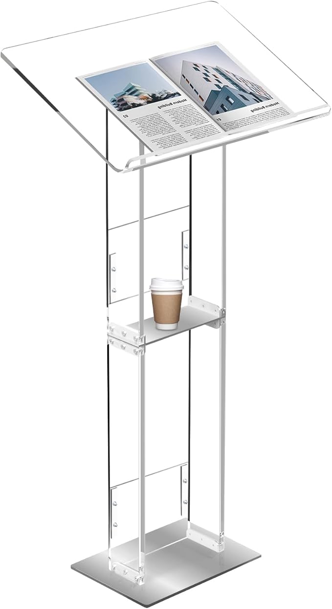 Podium Stand, Lecterns & Podiums, Acrylic Adjustable Angles with Metal Base, Podium for Church, Weddings, Classroom, Speech, 24" L x 16" W x 43.5" H, Clear
