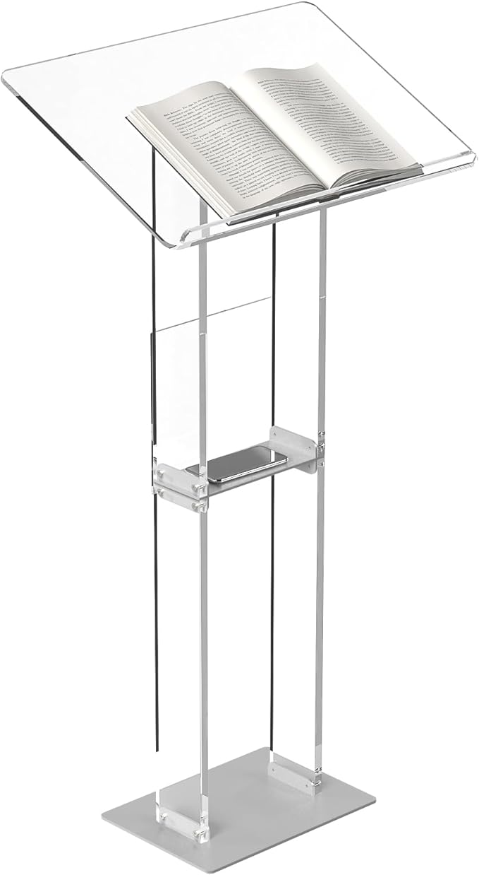 HMYHUM Acrylic Podium Stand, Clear Lecterns & Pulpits for Classroom, Weddings, Churches, Speech, with Storage Shelf, Metal Base, 23.6" L x 15.7" W x 46.1" H, Modern