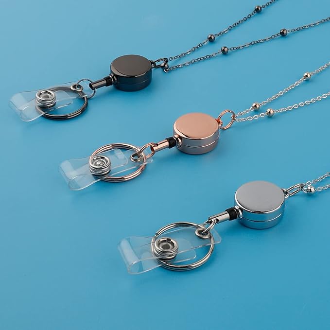 Lanyards for Id Badges 3 Pack Badge Lanyard with 6 Pcs Id Badge Holder Retractable Stainless Steel Teacher Lanyards Cruise Ship Lanyards for Girl Women (Black, Silver, Rose Gold)