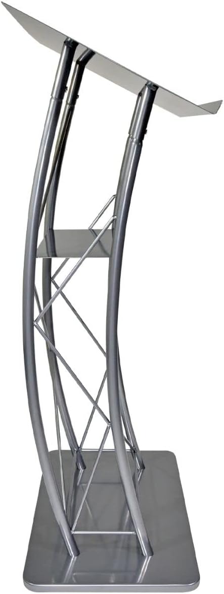 Kingdom KML2S Large Curved Lectern with Shelf, Stand Up Church Pulpit, Slanted Lectern, Conference Podium for Speakers, Speeches, and Other Occasions- Truss Lectern, Silver Powder Coat Finish, Metal