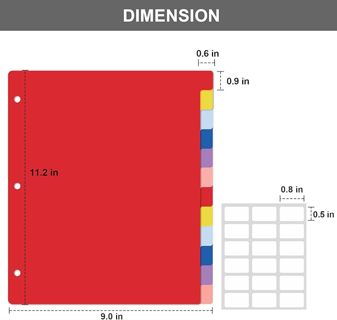 HABGP 12 Tab Dividers for 3 Ring Binder, 12 Pcs Multicolor 3 Ring Binder Dividers with Tabs, Page Folder Dividers, Plastic Tabbed File Dividers with Tabs, Three Ring Binder Index Dividers, 1 Set