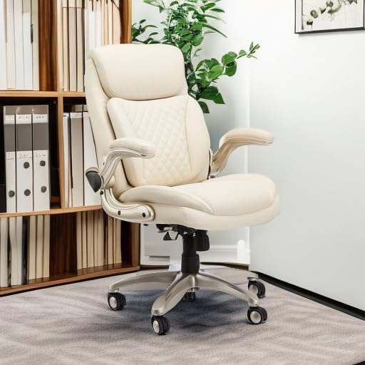 Amazon Basics Ergonomic Desk Office Chair, Flip-up Armrests, Adjustable Height, Cream Leather