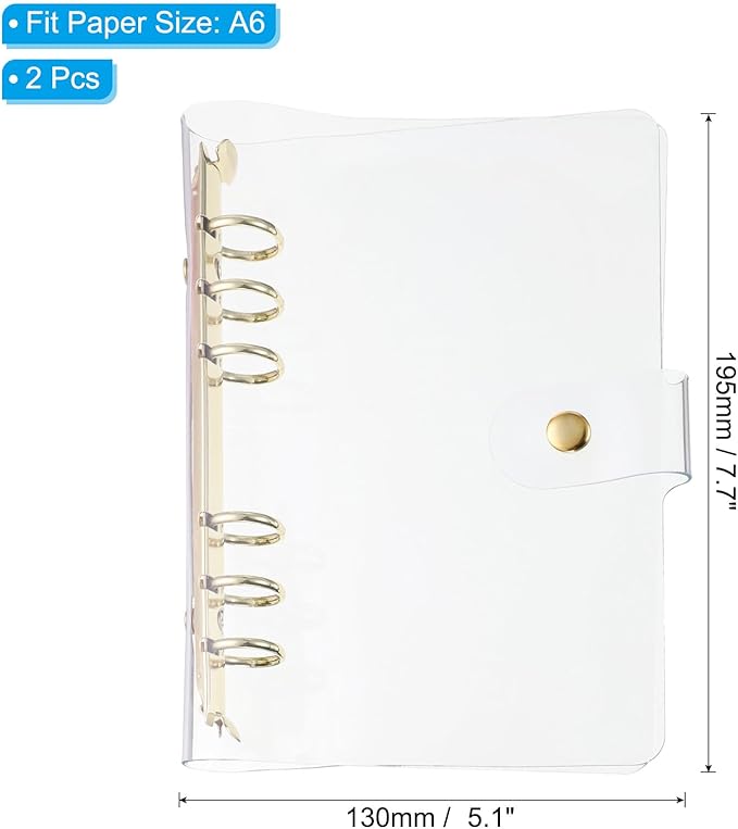 PATIKIL A6 Clear Binder Cover, 2Pcs Soft PVC Loose Leaf Binder Protector Refillable Notebook Shell with Snap Button Closure 6 Ring for DIY Meeting Notebook Folder, Gold Tone