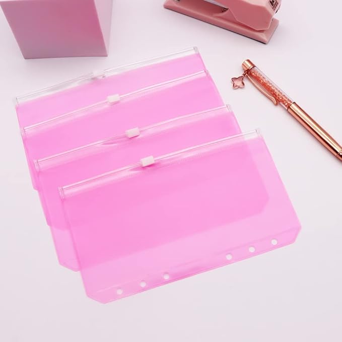 Pink PVC Binder Pockets 12pcs A6 Binders Zipper Pouch Bag Loose Leaf 6 Holes PVC Zip Organizer Folder for Journal Budget Filing Pocket Bags
