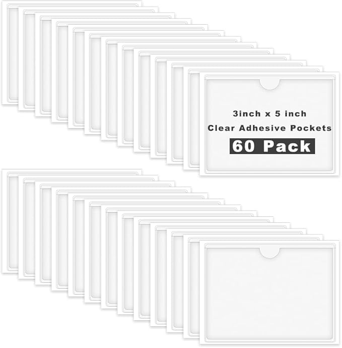 60 Pack 3 X 5 Inches Adhesive Index Card Pockets, Clear Self Adhesive Label Pockets Label Holders Card Holder Shelf Label Holder for Organizing, Storage Bins (3.7 x 5.3 inches)