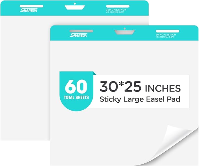 Large Sticky Easel Pads,30 in x 25 in,2 Pad/Pack,30 Sheets/Pad, Large Flip Chart Paper, Anchor Chart Paper for Teachers,Self Stick Easel Paper for Office,Classroom Supplies