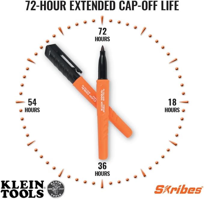 Klein Tools 8610112 Skribes Fine Tip Permanent Markers, Professional-Grade Ink, Multi-Surface Jobsite Marker for Wet, Dry and Oily Surfaces, Black, 12-Pack