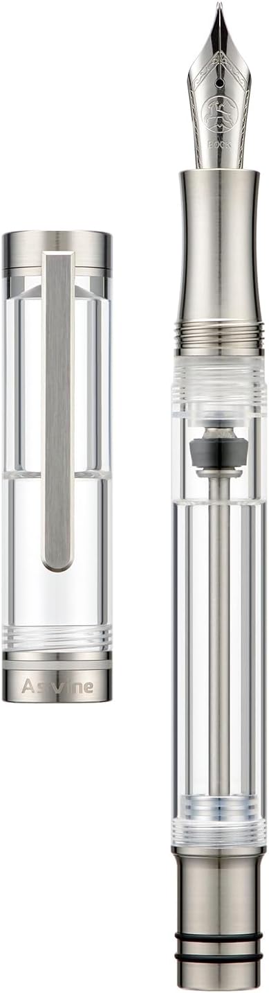 Asvine V200 Titanium Fountain Pen Vacuum Filling, Germany Bock Fine Point Clear Transparent Acrylic Smooth Writing Pen Case