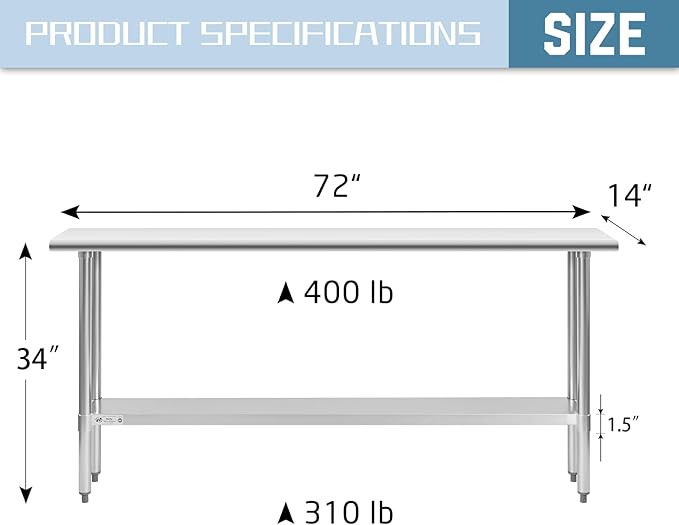 HALLY Stainless Steel Table for Prep & Work 14 x 72 Inches, NSF Commercial Heavy Duty Table with Undershelf and Galvanized Legs for Restaurant, Home and Hotel