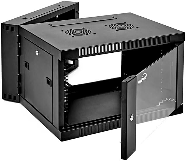 NavePoint 6U Server Cabinet with Hinged Back - 25.5” Deep, 6U Server Rack Enclosure with Locking Glass Door, Wall Mount Rack with Removable Side Panels, 6U Network Cabinet with 2 Fans, Pre-Assembled